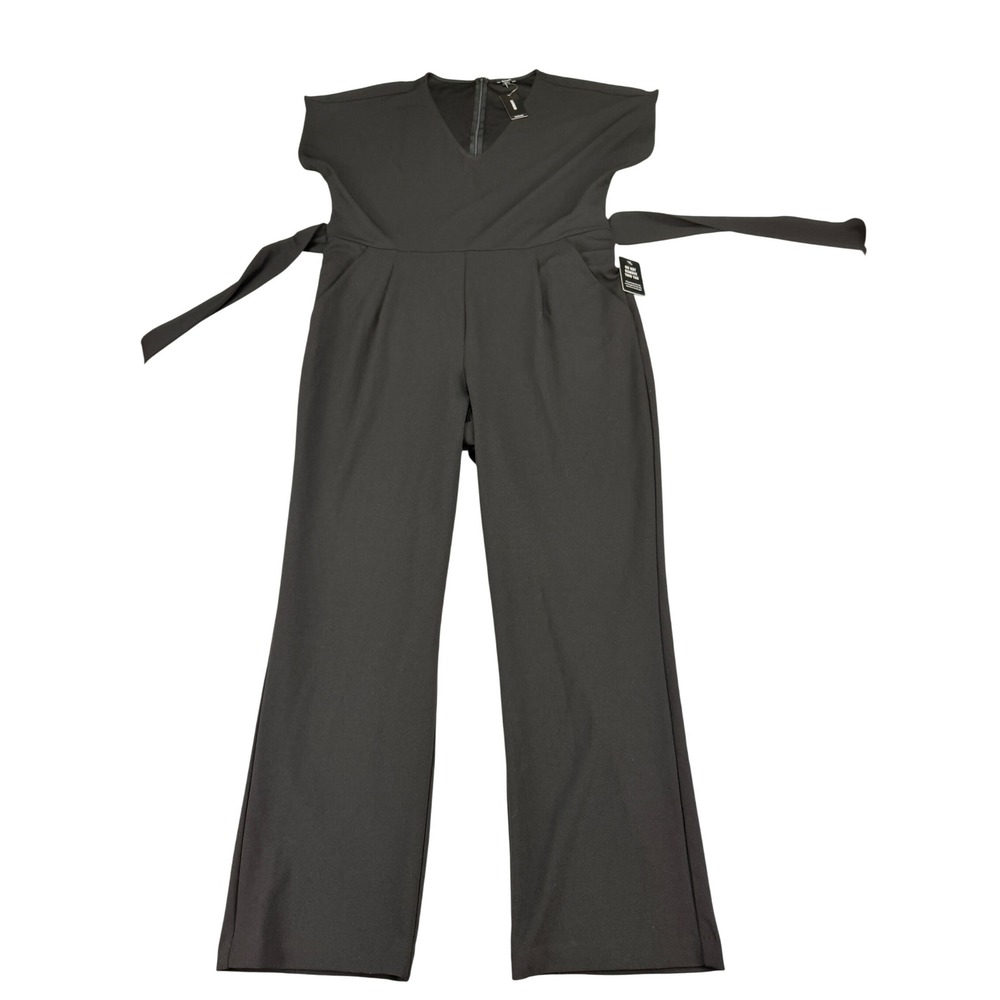 Express Womens Black V-Neck Short Sleeve Wide Leg Belted Jumpsuit Size L MSRP$98